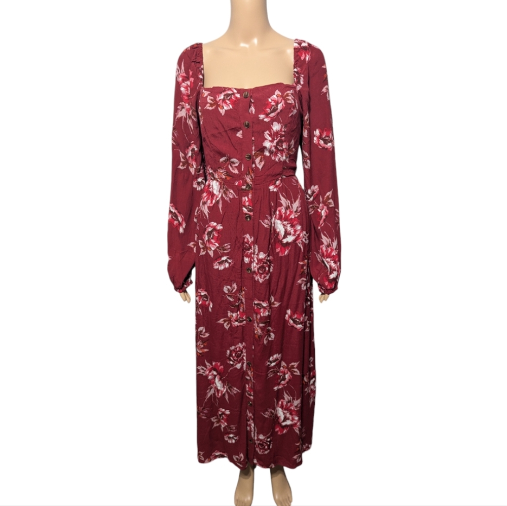 Lulus Total Perfection Burgundy Floral Print Tie-Back Midi Dress M